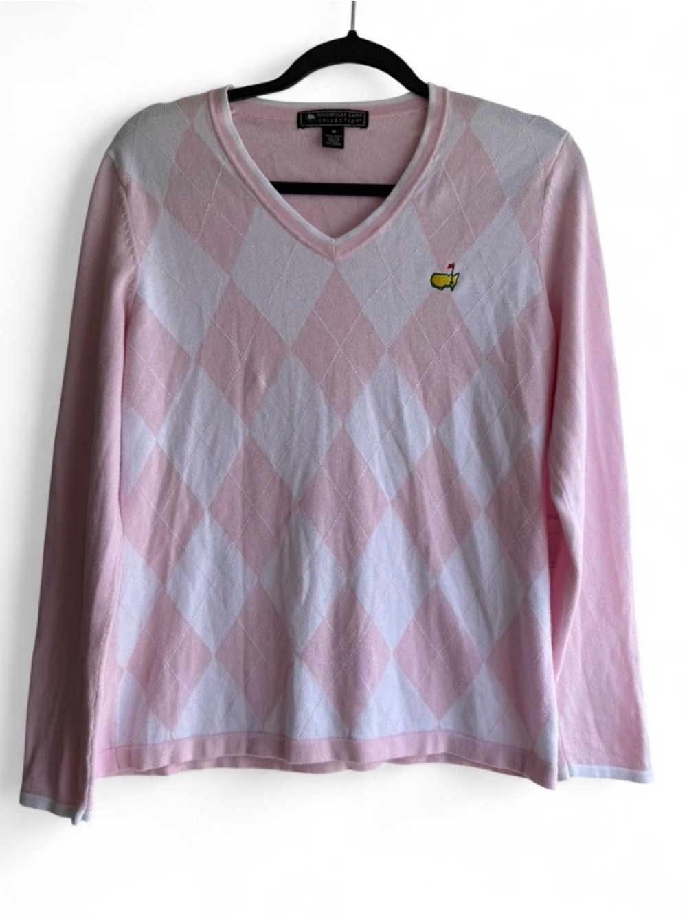 Magnolia Masters Pink and White Argyle V-Neck Sweater